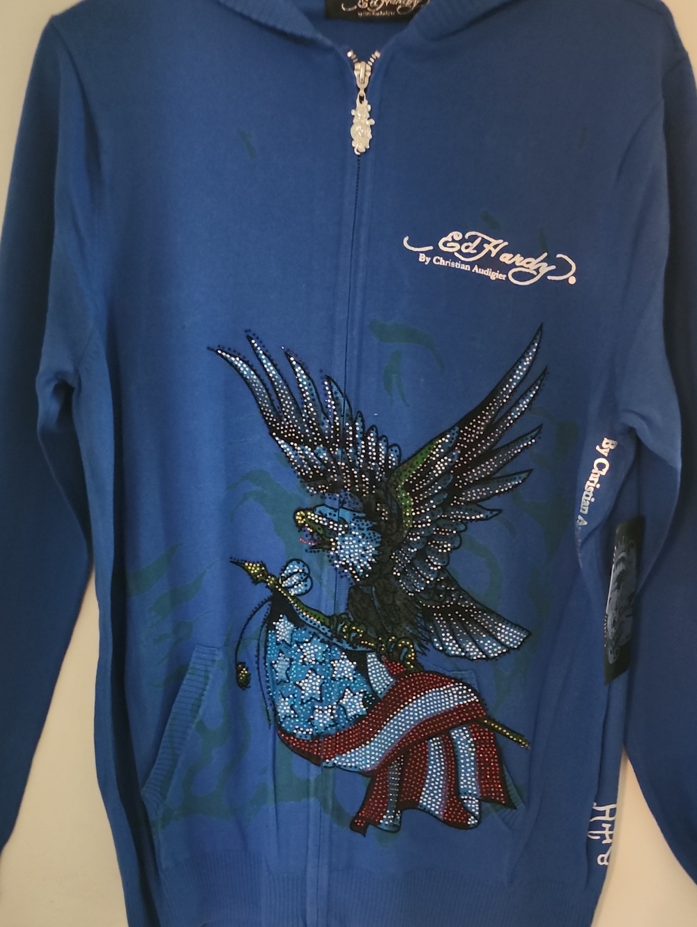BNWT ED HARDY ZIP UP HOODIE $279 BY CHRISTIAN AUDIGER.  SEQUINED ROYAL BLUE L